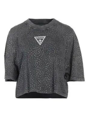 GUESS T-shirt Jersey Crew RHINESTONE Applique Crystals Embellished Crop Sz Large